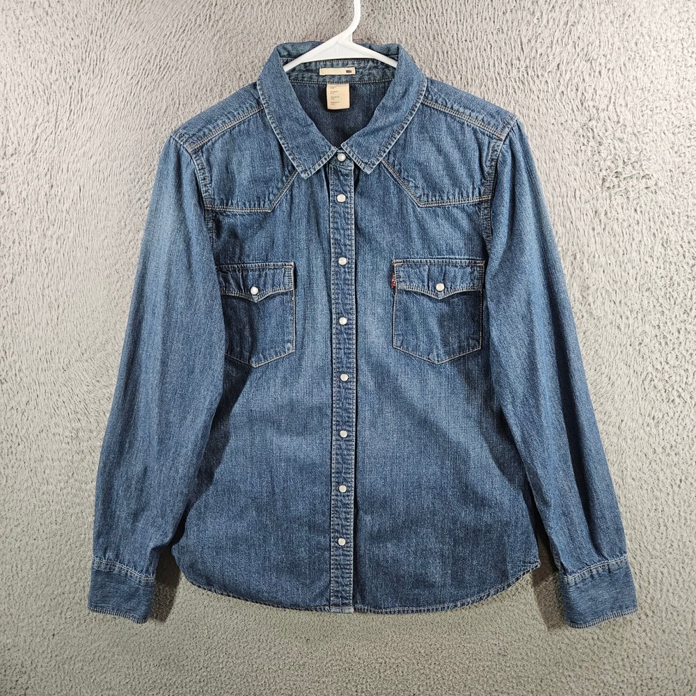 Levis Womens Denim Western Shirt Medium Wash Pearl Snap Long Sleeve L